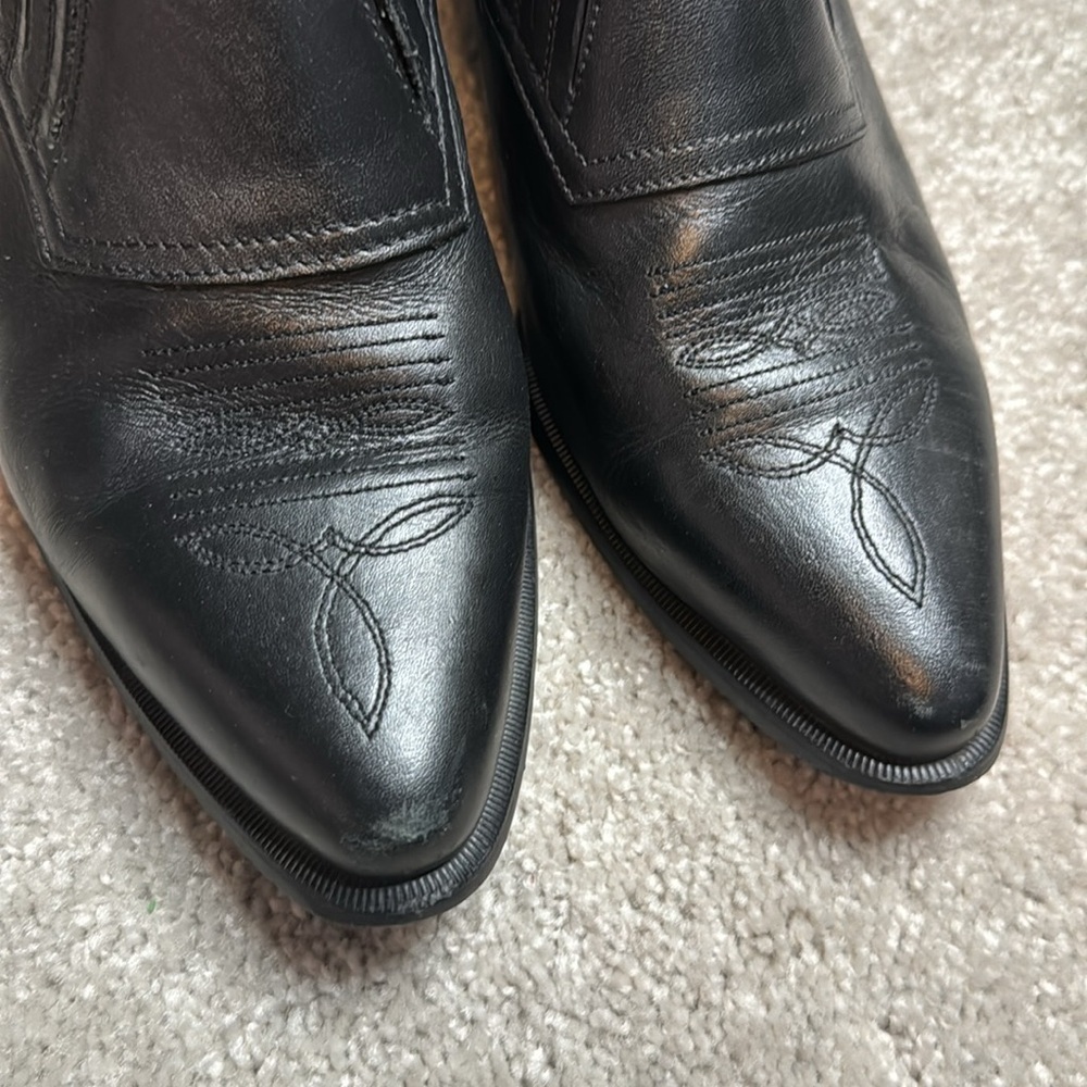 Black Leather Durango Heeled Ankle Cowboy Boots Moto Stitching Pointed Toe Sz 8 - Picture 2 of 12
